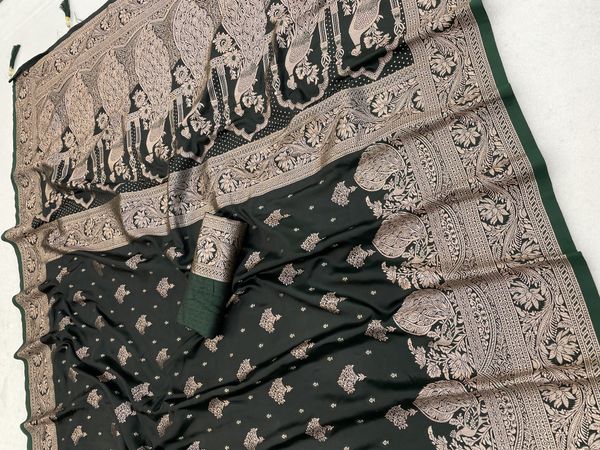 Dark Green Satin Silk Saree with Antique Gold Zari Work