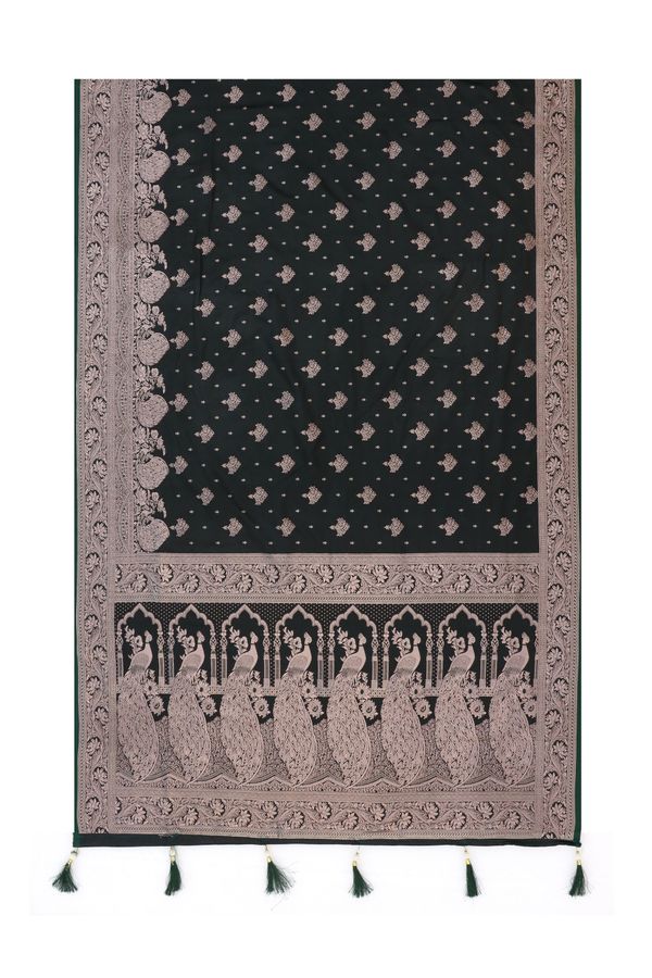 Dark Green Satin Silk Saree with Antique Gold Zari Work