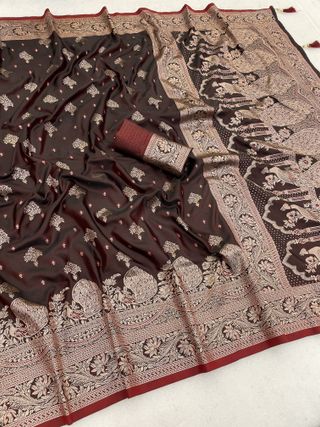 Dark Brown Satin Silk Saree with Gold Zari Paisley Border
