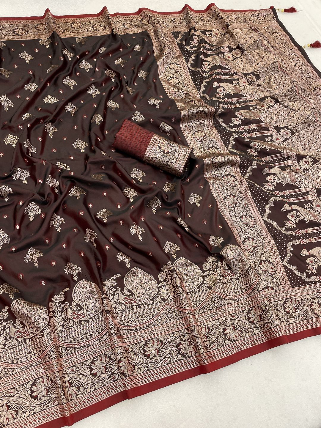 Dark Brown Satin Silk Saree with Gold Zari Paisley Border