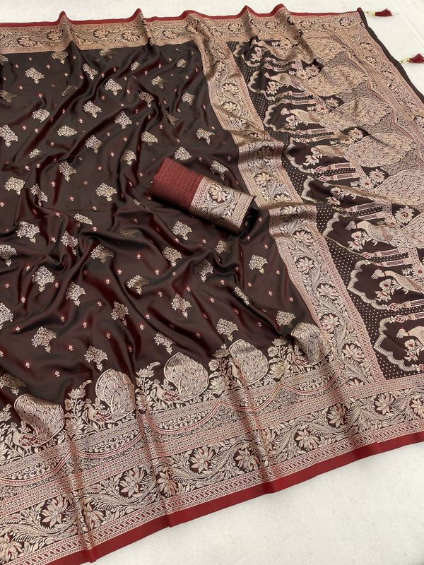 Dark Brown Satin Silk Saree with Gold Zari Paisley Border