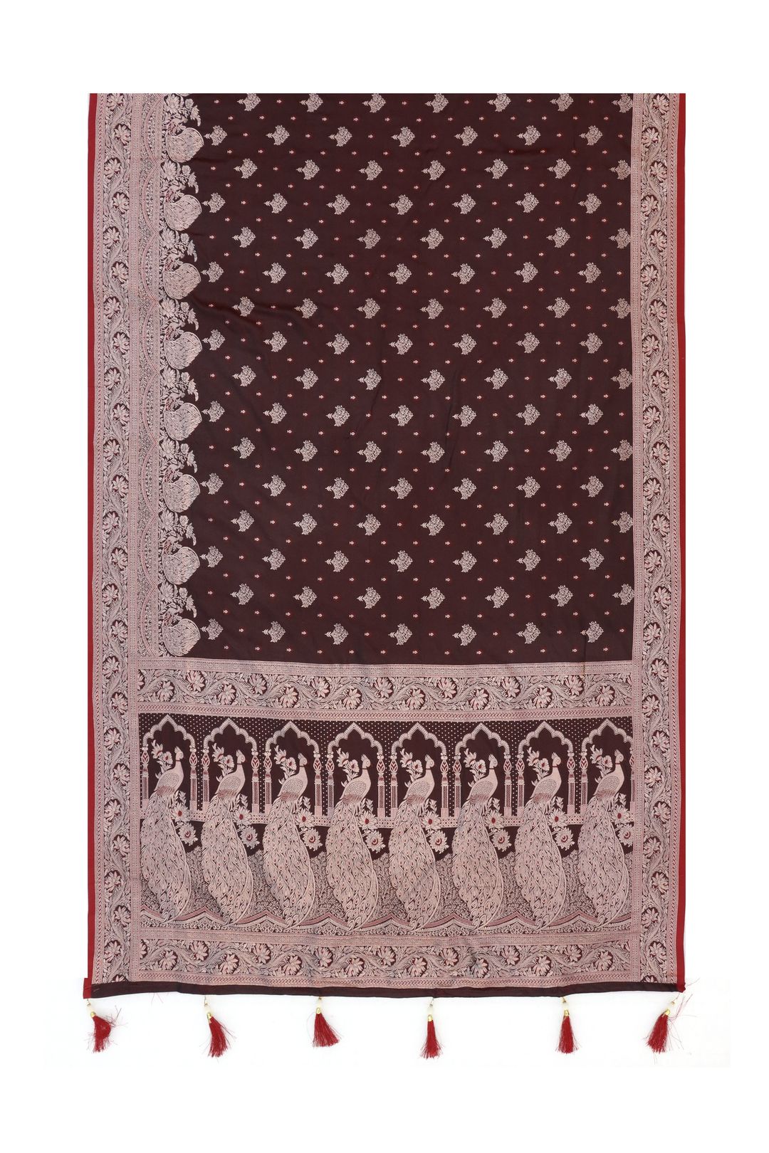 Dark Brown Satin Silk Saree with Gold Zari Paisley Border