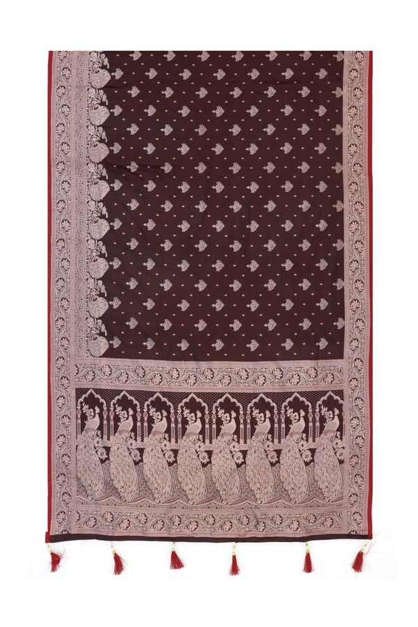 Dark Brown Satin Silk Saree with Gold Zari Paisley Border
