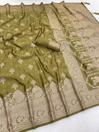 Varnavi Mehndi Green Jacquard Saree with Peacock Zari Border