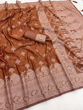 Varnavi Rust Orange Saree with Peacock Jacquard Border