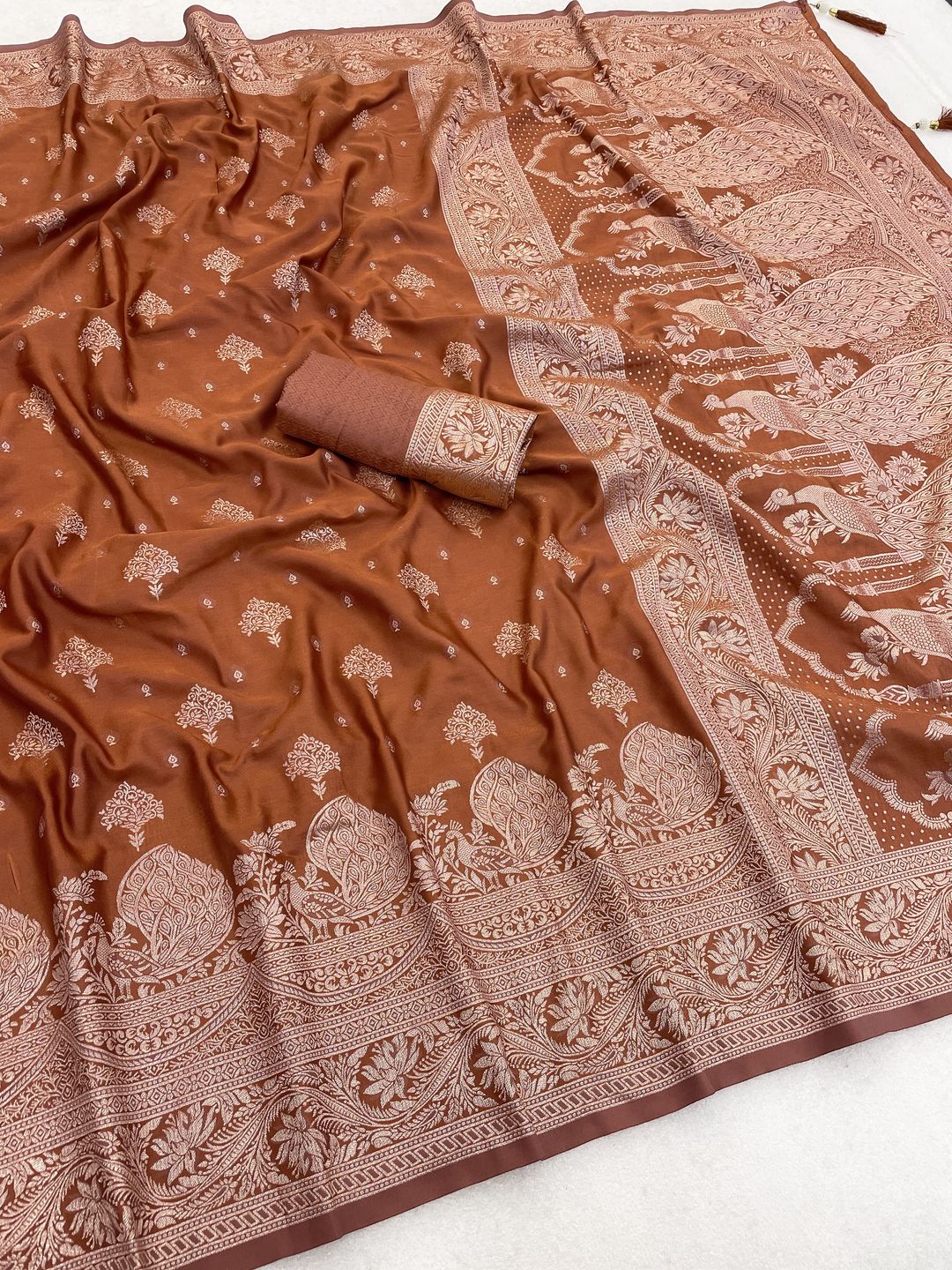 Varnavi Rust Orange Saree with Peacock Jacquard Border