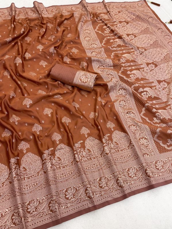 Varnavi Rust Orange Saree with Peacock Jacquard Border