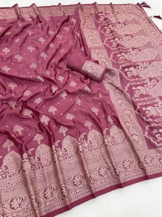Varnavi Rani Pink Satin Silk Saree with Zari Jacquard Border