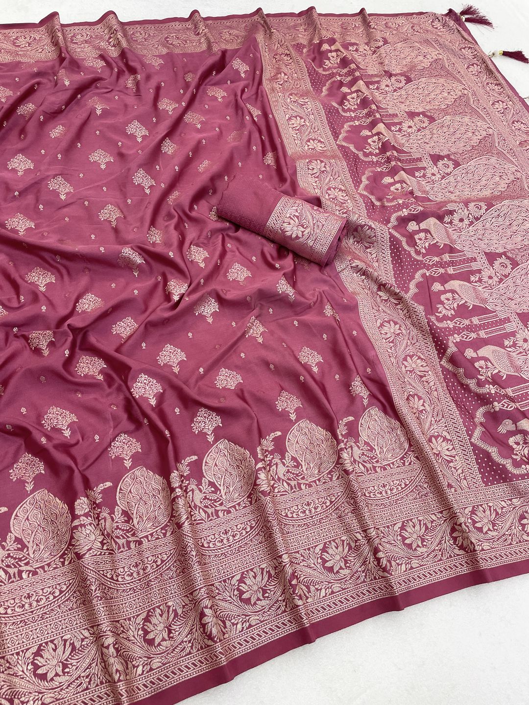 Varnavi Rani Pink Satin Silk Saree with Zari Jacquard Border