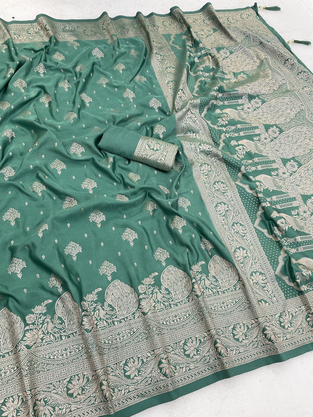 Emerald Green Satin Silk Saree with Golden Zari Jacquard Border