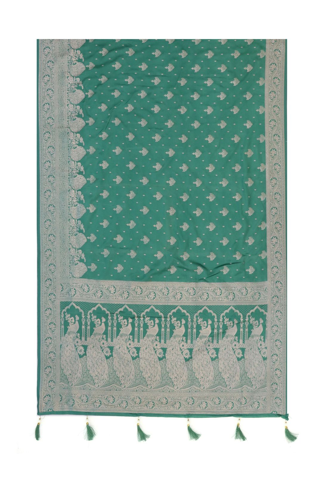Emerald Green Satin Silk Saree with Golden Zari Jacquard Border