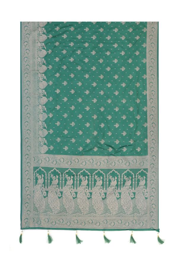 Emerald Green Satin Silk Saree with Golden Zari Jacquard Border