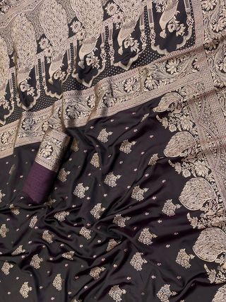 Dark Wine Satin Silk Saree with Antique Gold Jacquard Border