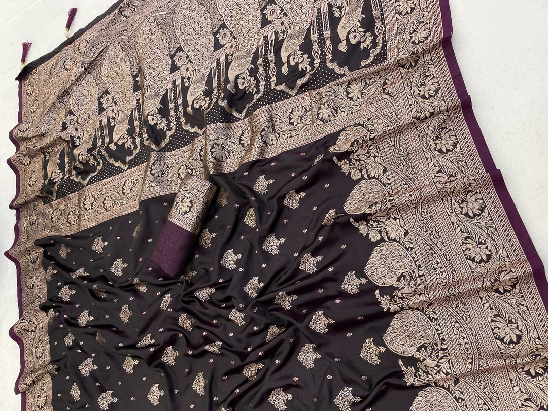 Dark Wine Satin Silk Saree with Antique Gold Jacquard Border