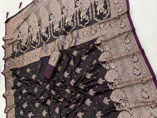 Dark Wine Satin Silk Saree with Antique Gold Jacquard Border