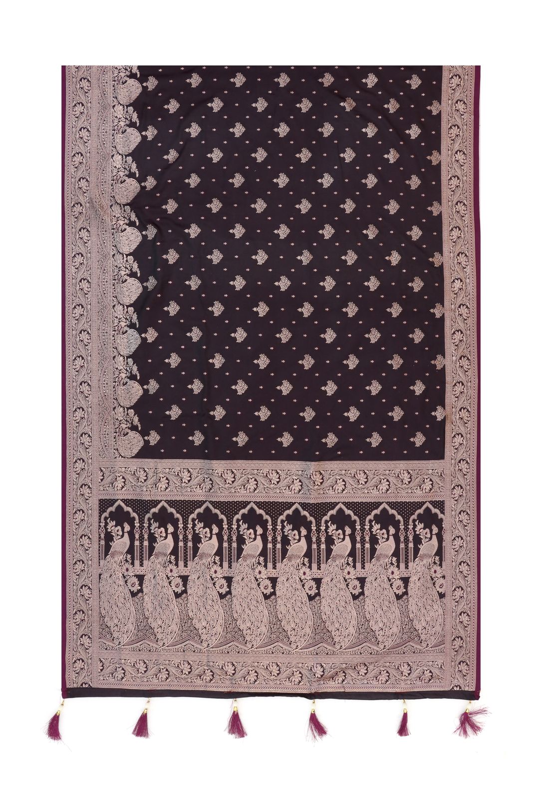 Dark Wine Satin Silk Saree with Antique Gold Jacquard Border
