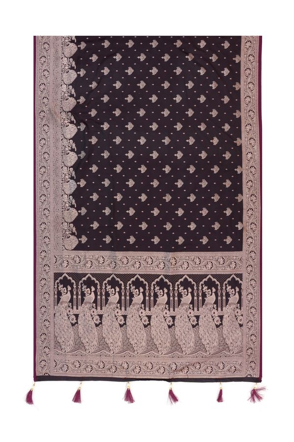 Dark Wine Satin Silk Saree with Antique Gold Jacquard Border