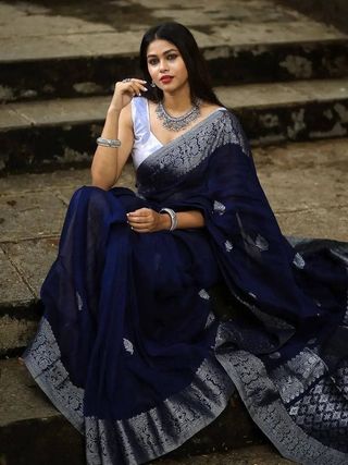 Varnavi Navy Blue Banarasi Soft Silk Saree with Silver Zari Border