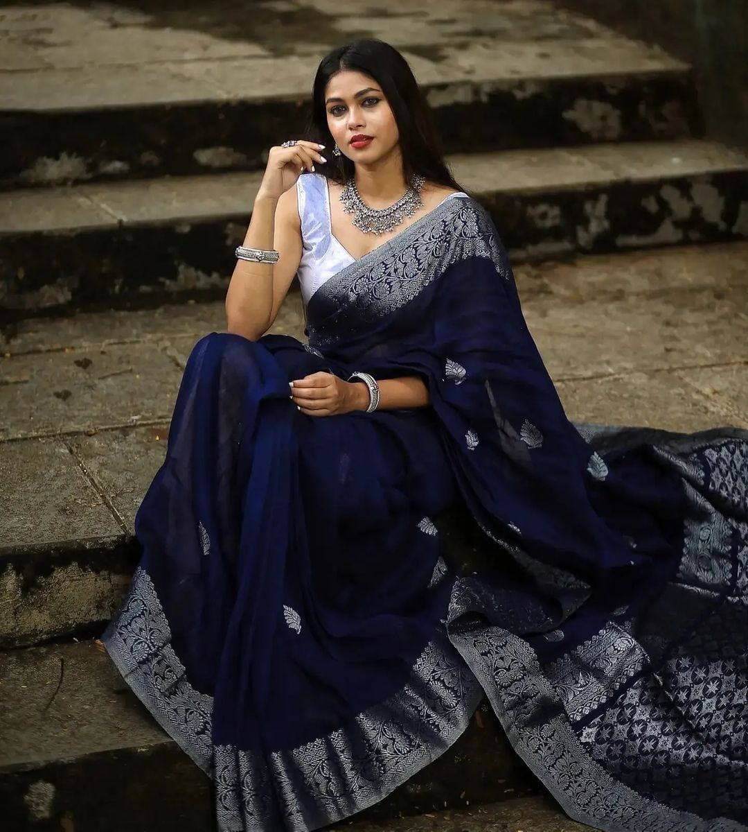 Varnavi Navy Blue Banarasi Soft Silk Saree with Silver Zari Border