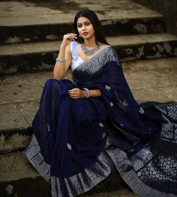 Varnavi Navy Blue Banarasi Soft Silk Saree with Silver Zari Border