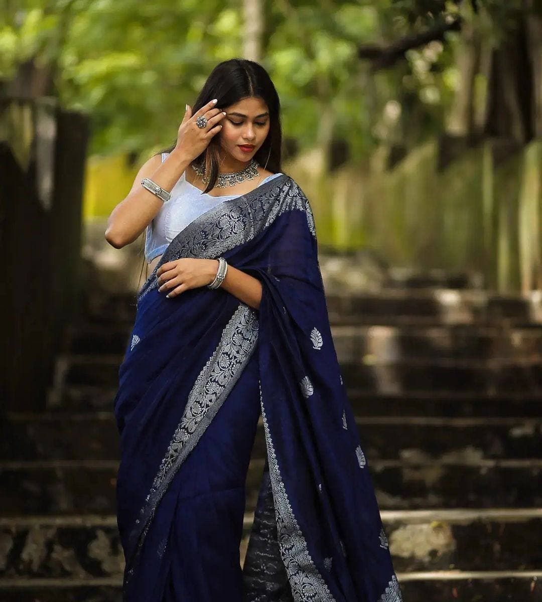 Varnavi Navy Blue Banarasi Soft Silk Saree with Silver Zari Border