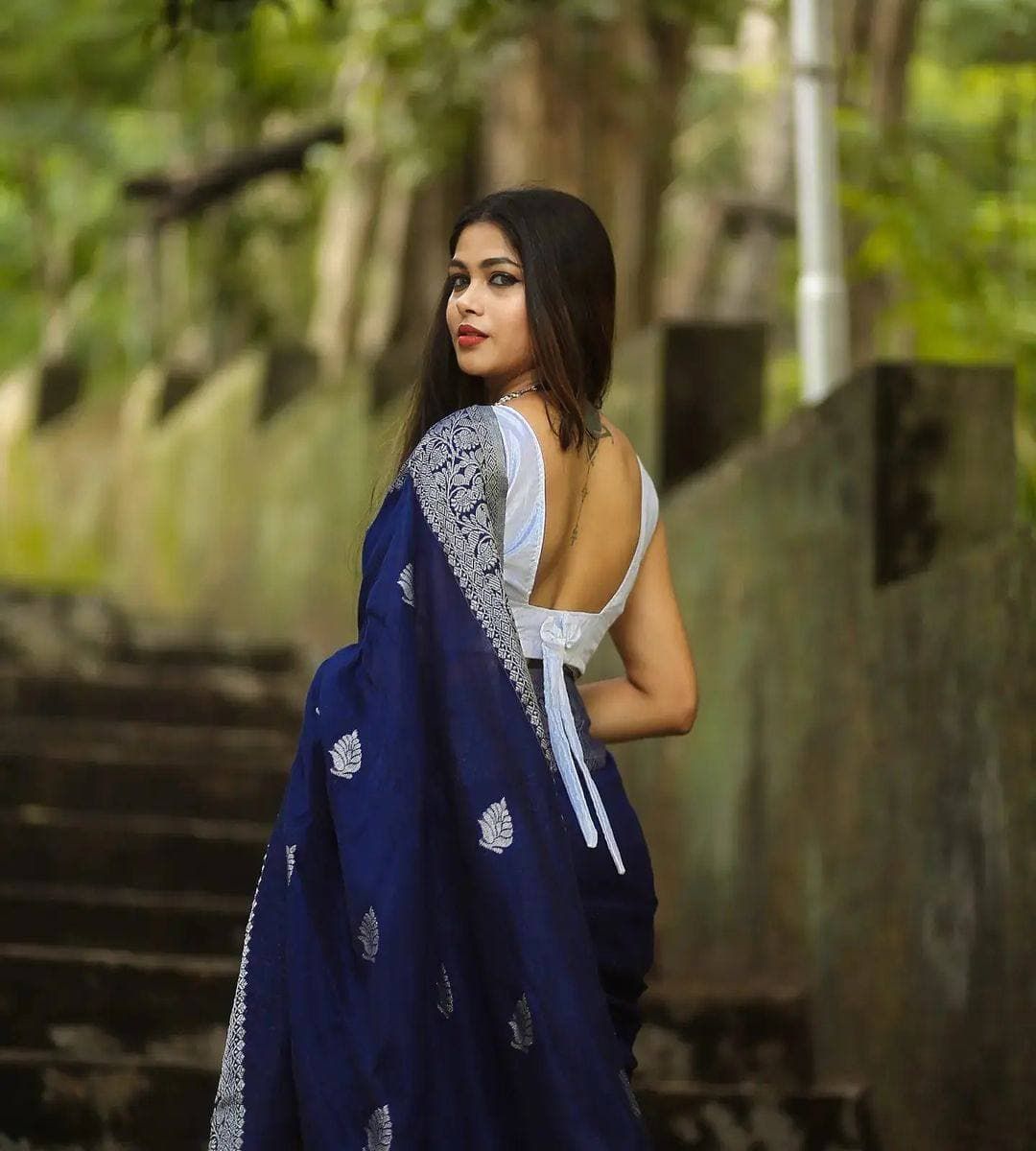 Varnavi Navy Blue Banarasi Soft Silk Saree with Silver Zari Border
