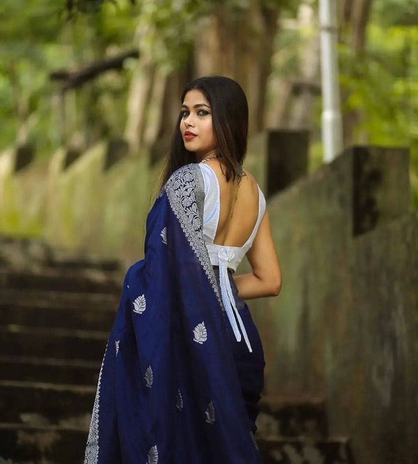 Varnavi Navy Blue Banarasi Soft Silk Saree with Silver Zari Border