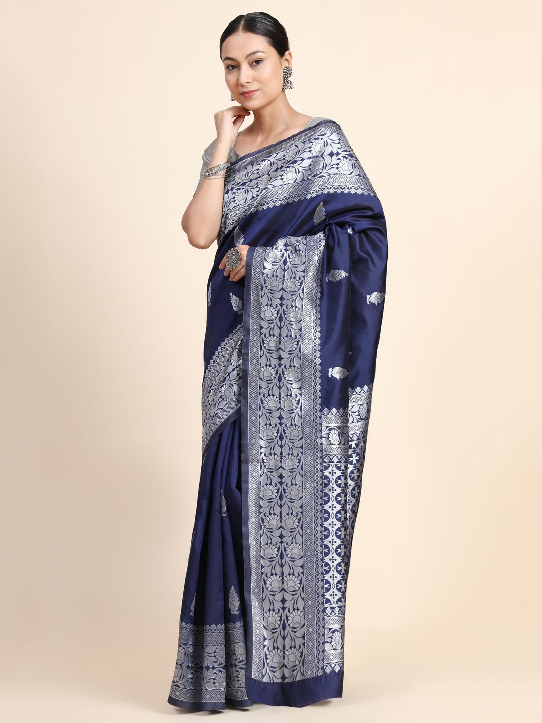 Varnavi Navy Blue Banarasi Soft Silk Saree with Silver Zari Border