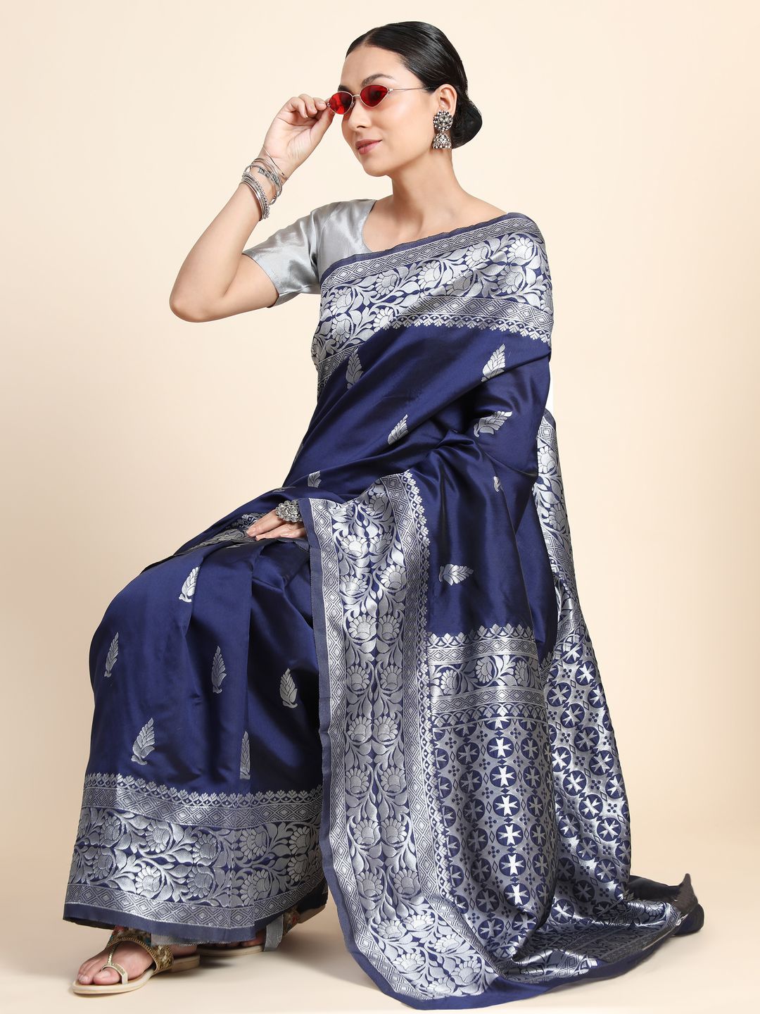 Varnavi Navy Blue Banarasi Soft Silk Saree with Silver Zari Border