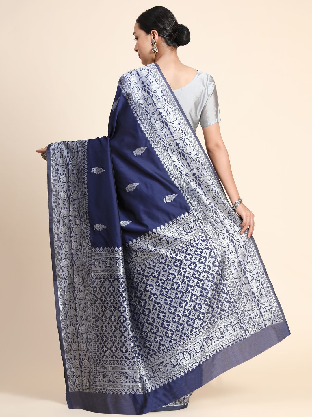 Varnavi Navy Blue Banarasi Soft Silk Saree with Silver Zari Border