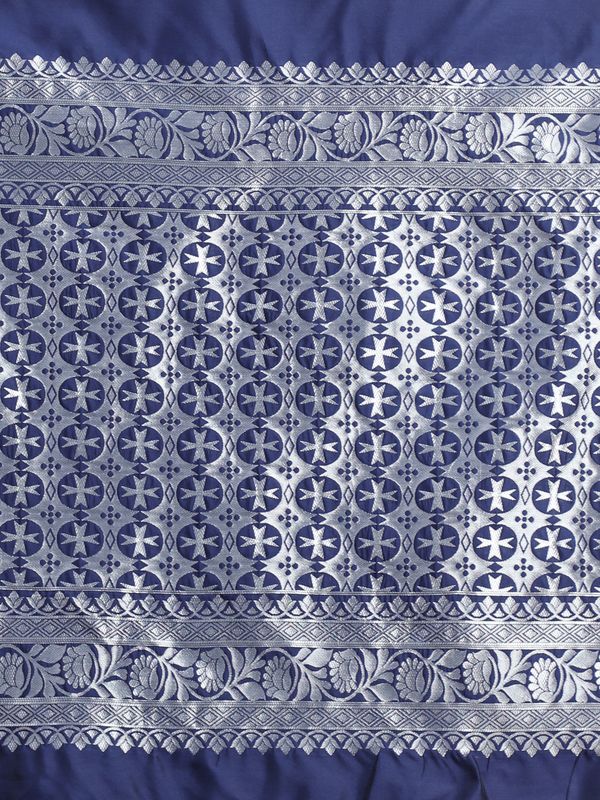 Varnavi Navy Blue Banarasi Soft Silk Saree with Silver Zari Border
