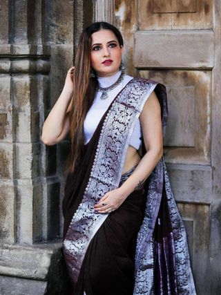 Varnavi Black Banarasi Soft Silk Saree with Silver Brocade Border