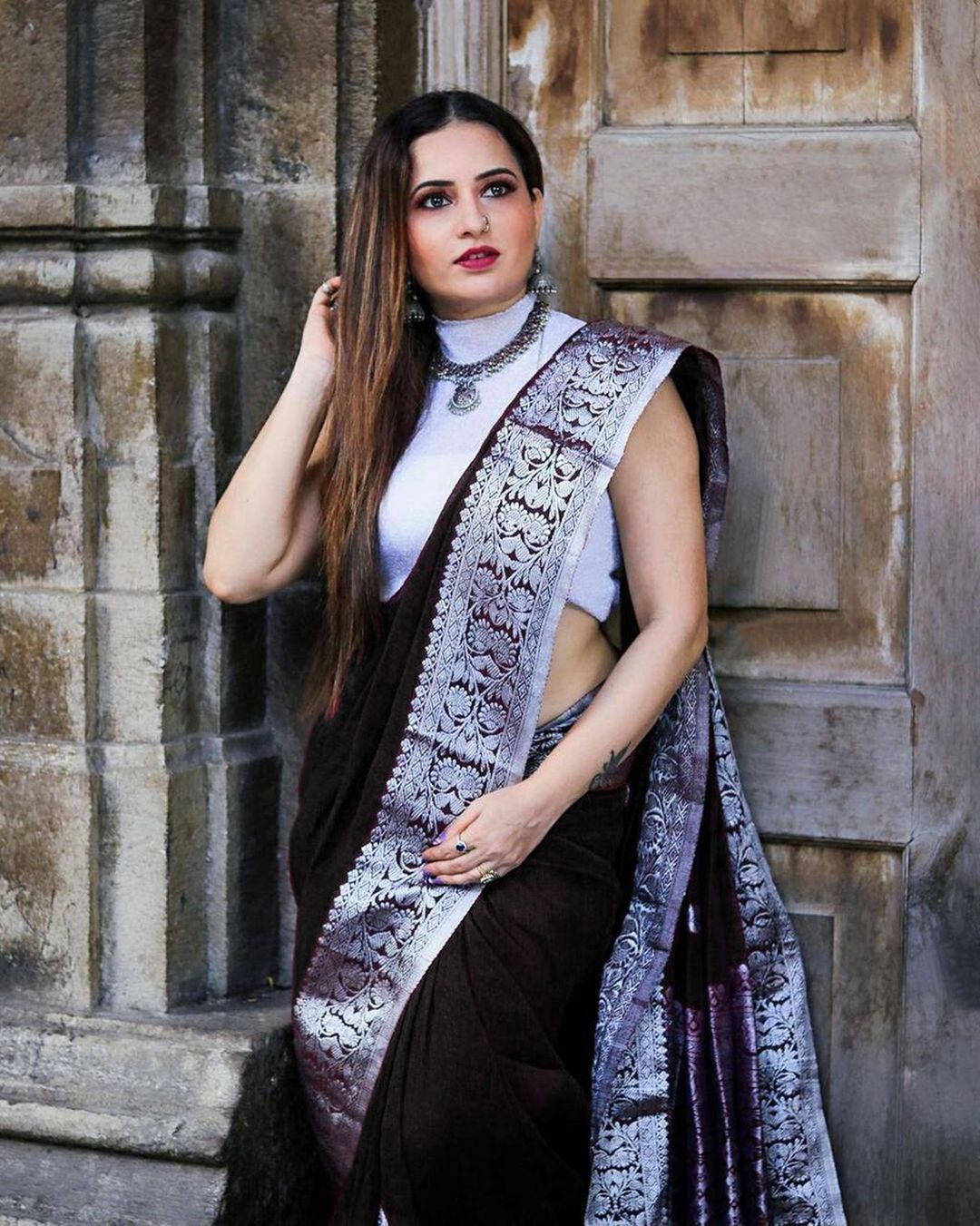 Varnavi Black Banarasi Soft Silk Saree with Silver Brocade Border