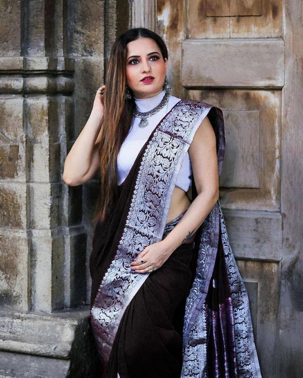 Varnavi Black Banarasi Soft Silk Saree with Silver Brocade Border
