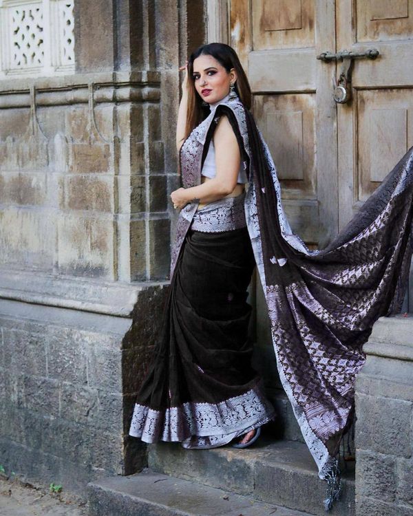 Varnavi Black Banarasi Soft Silk Saree with Silver Brocade Border