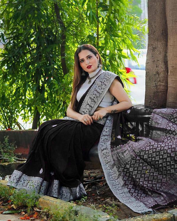 Varnavi Black Banarasi Soft Silk Saree with Silver Brocade Border