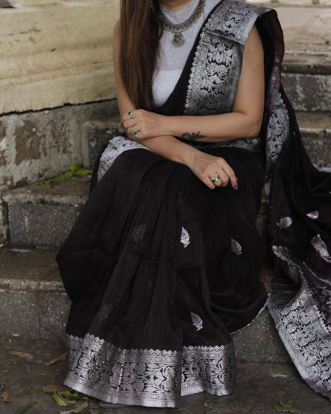 Varnavi Black Banarasi Soft Silk Saree with Silver Brocade Border
