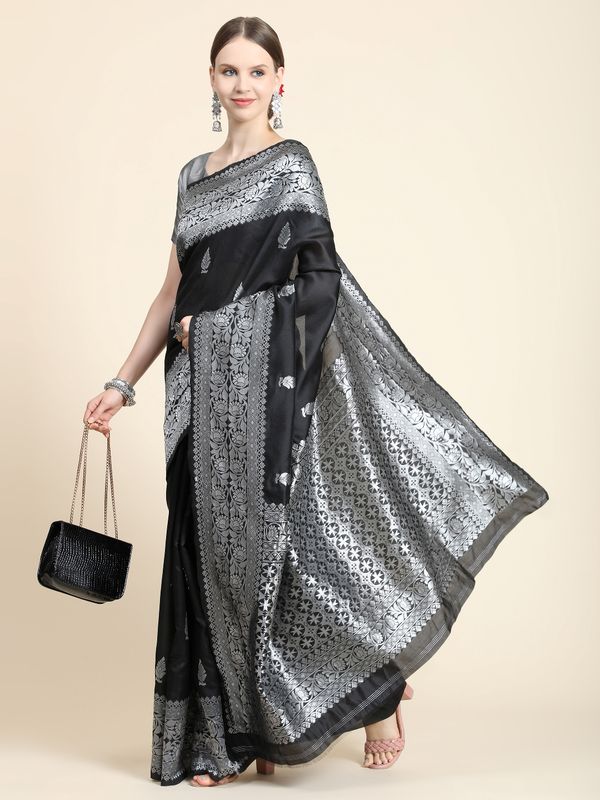 Varnavi Black Banarasi Soft Silk Saree with Silver Brocade Border