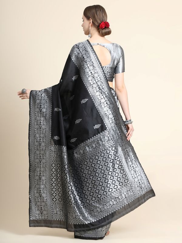 Varnavi Black Banarasi Soft Silk Saree with Silver Brocade Border