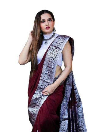 Varnavi Maroon Banarasi Soft Silk Saree with Silver Floral Border