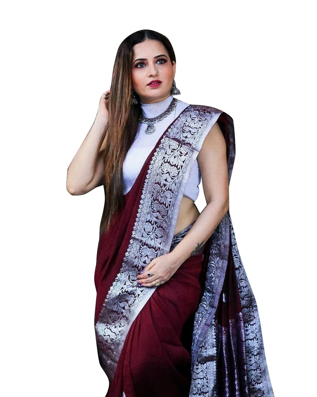 Varnavi Maroon Banarasi Soft Silk Saree with Silver Floral Border