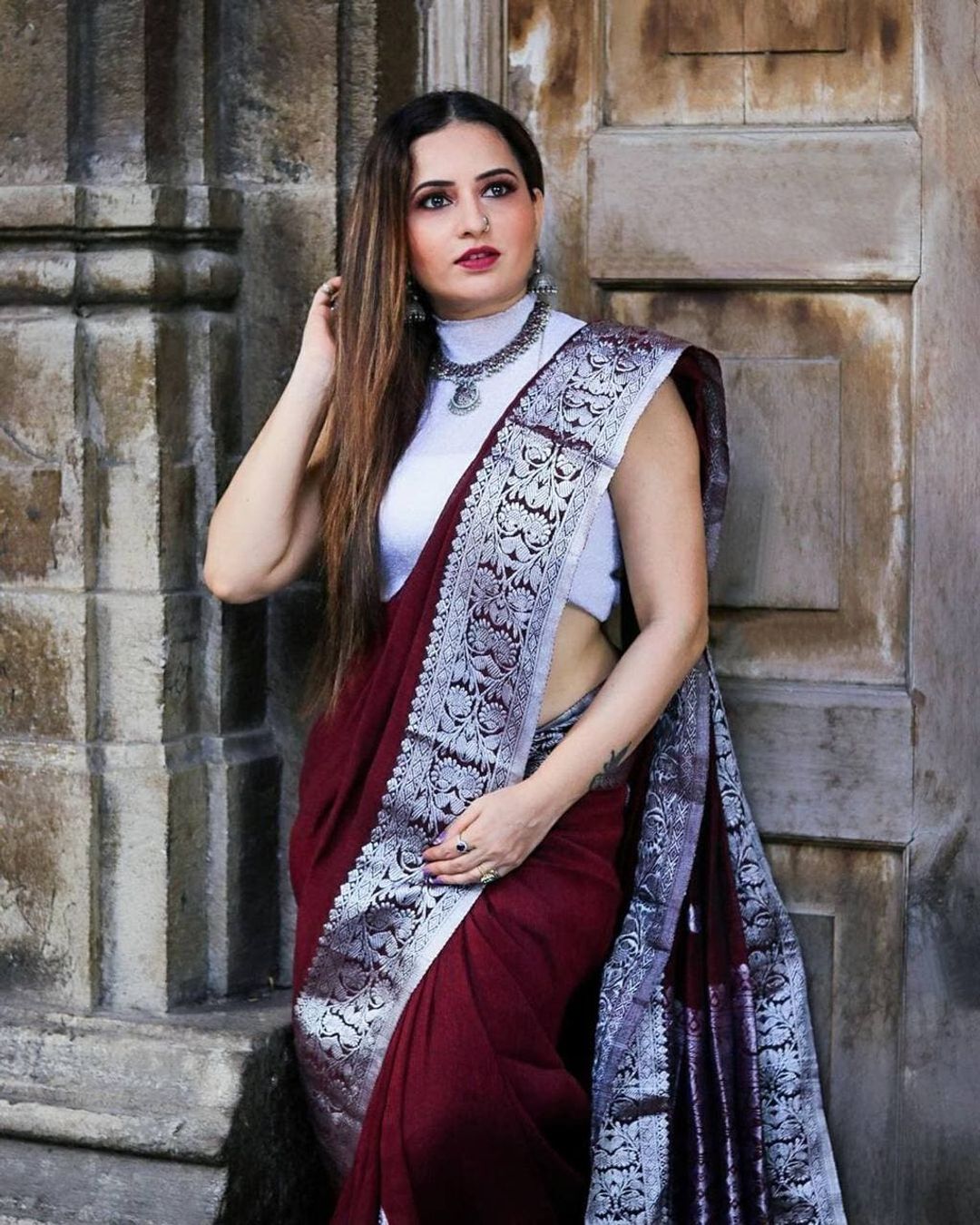 Varnavi Maroon Banarasi Soft Silk Saree with Silver Floral Border