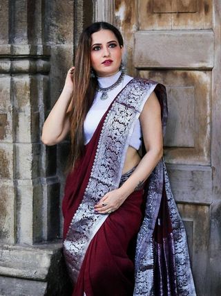 Varnavi Maroon Banarasi Soft Silk Saree with Silver Floral Border