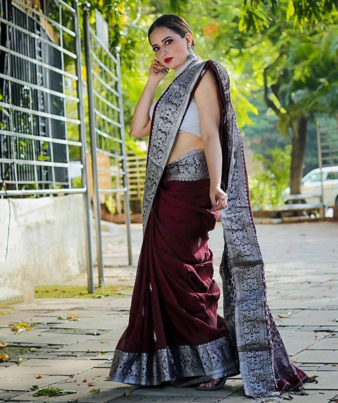 Varnavi Maroon Banarasi Soft Silk Saree with Silver Floral Border