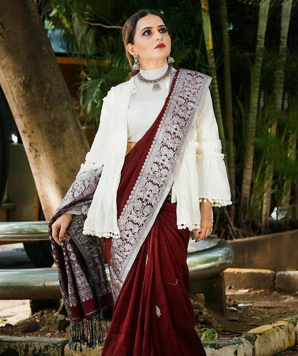Varnavi Maroon Banarasi Soft Silk Saree with Silver Floral Border