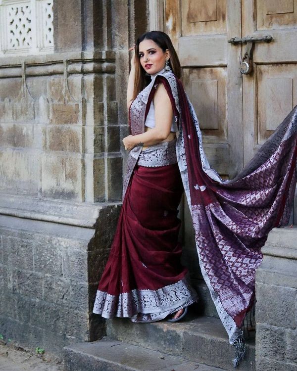 Varnavi Maroon Banarasi Soft Silk Saree with Silver Floral Border