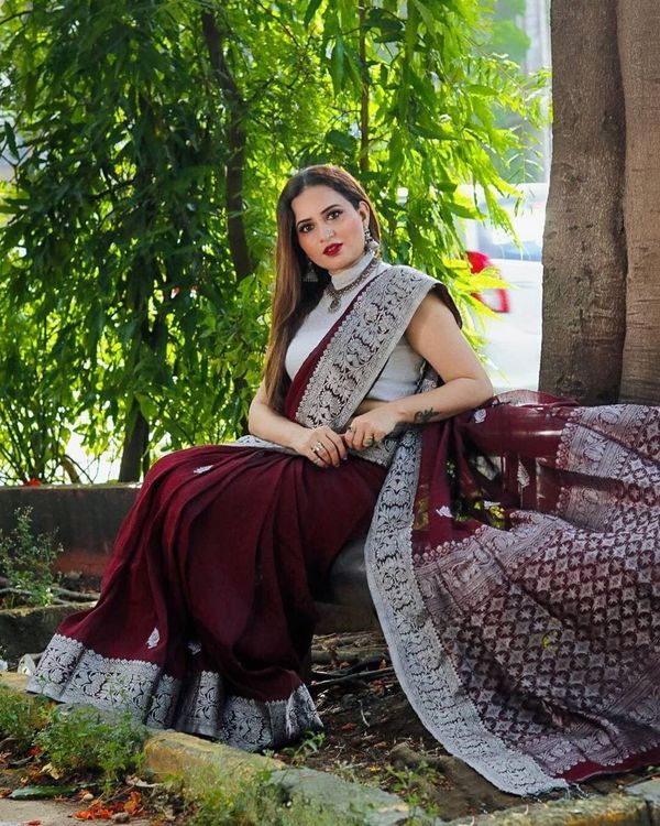Varnavi Maroon Banarasi Soft Silk Saree with Silver Floral Border