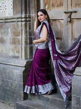 Varnavi Purple Banarasi Soft Silk Saree with Silver Floral Border
