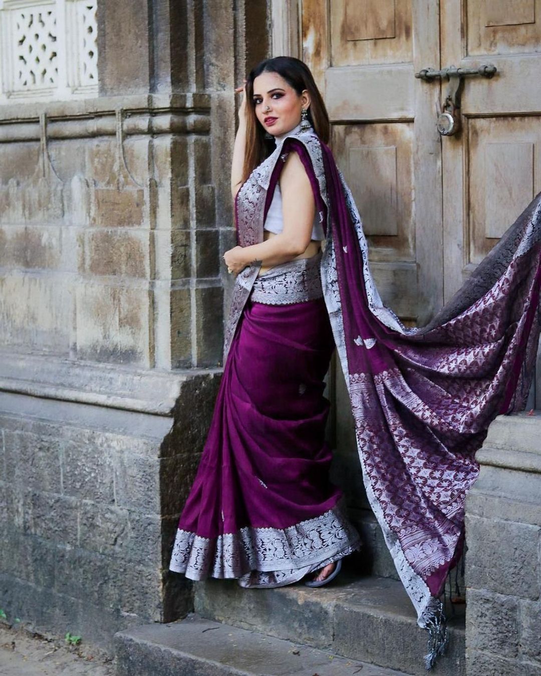 Varnavi Purple Banarasi Soft Silk Saree with Silver Floral Border