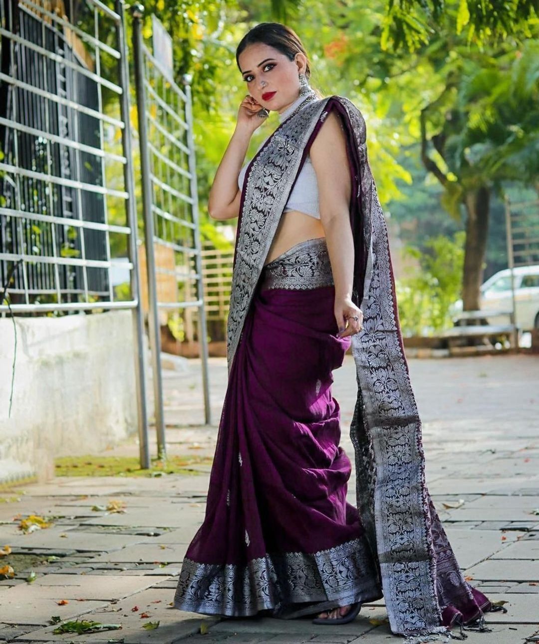 Varnavi Purple Banarasi Soft Silk Saree with Silver Floral Border